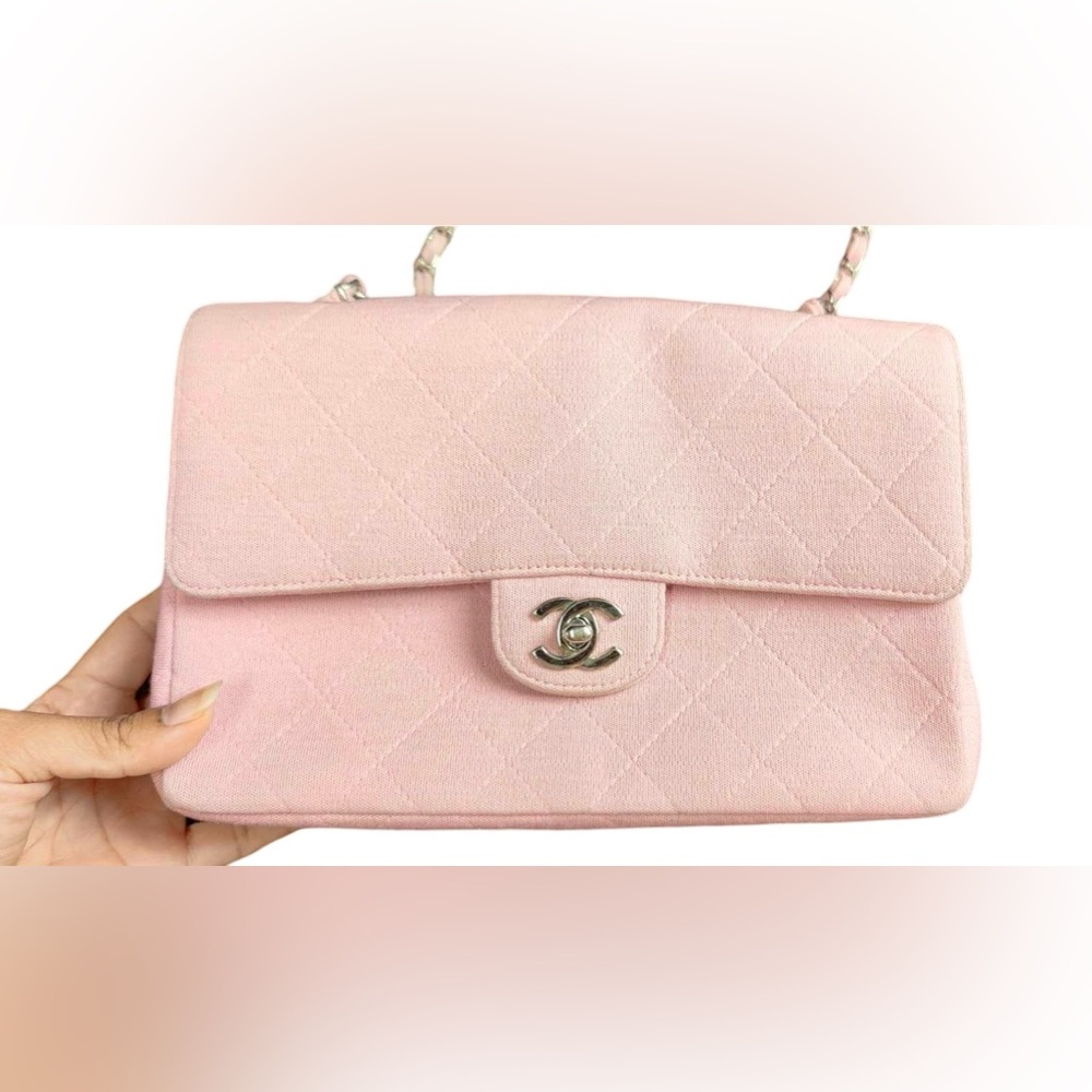 Pink Classic Single Flap Bag Quilted Jersey Rare Small With Authenticity Card
